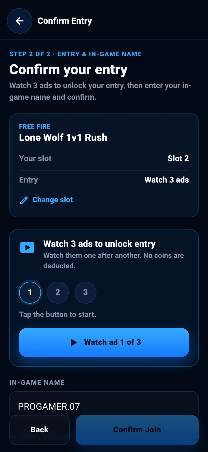 Rewards Battle app — Watch ads to join